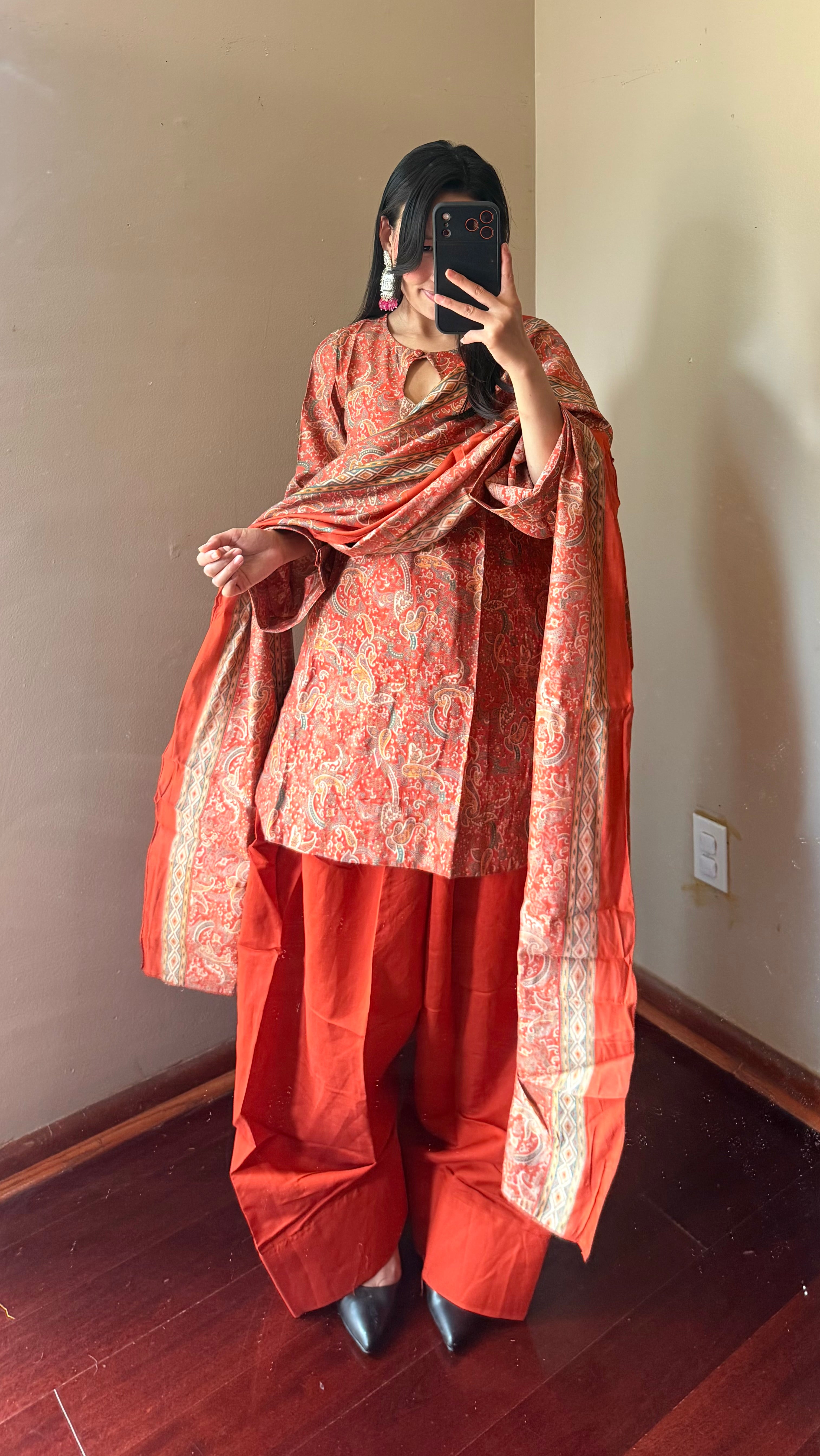 RUST MUSLIN FARSHI SALWAR SET