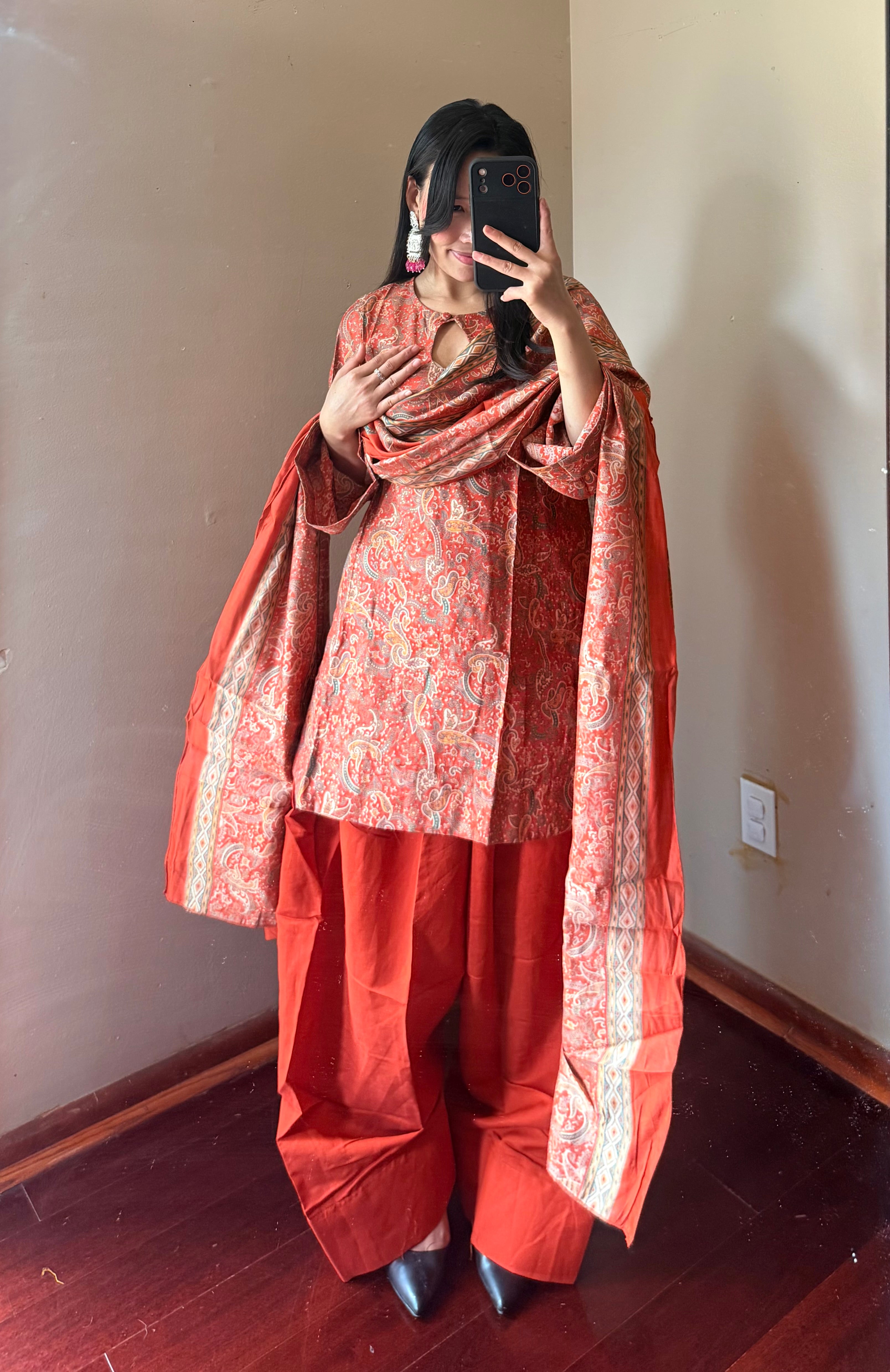 RUST MUSLIN FARSHI SALWAR SET