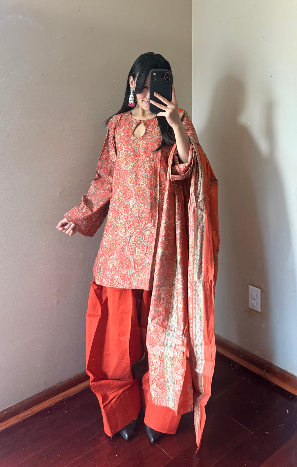 RUST MUSLIN FARSHI SALWAR SET
